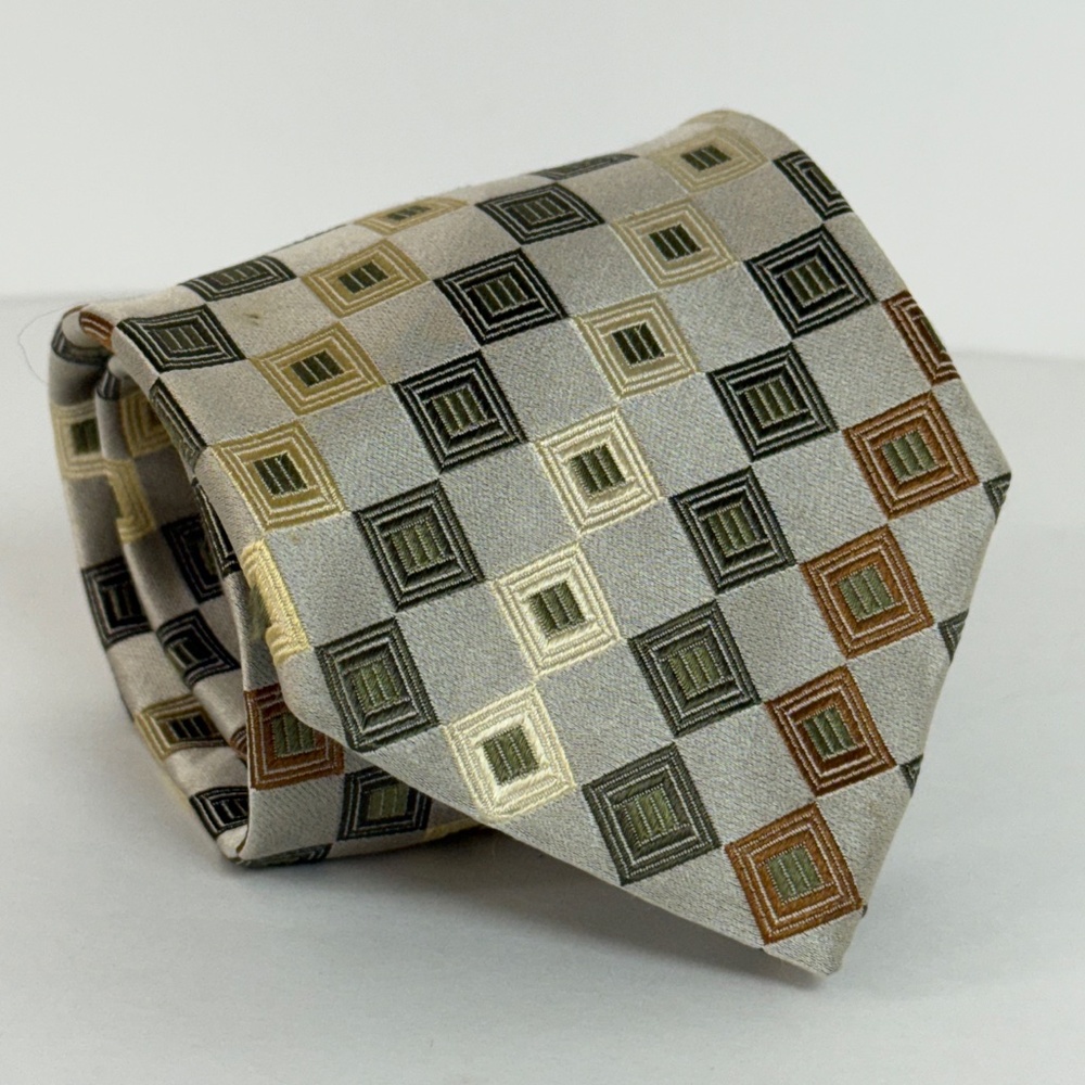 Peacock Brand Men's Silk Checkered Brown Gold & Green Necktie